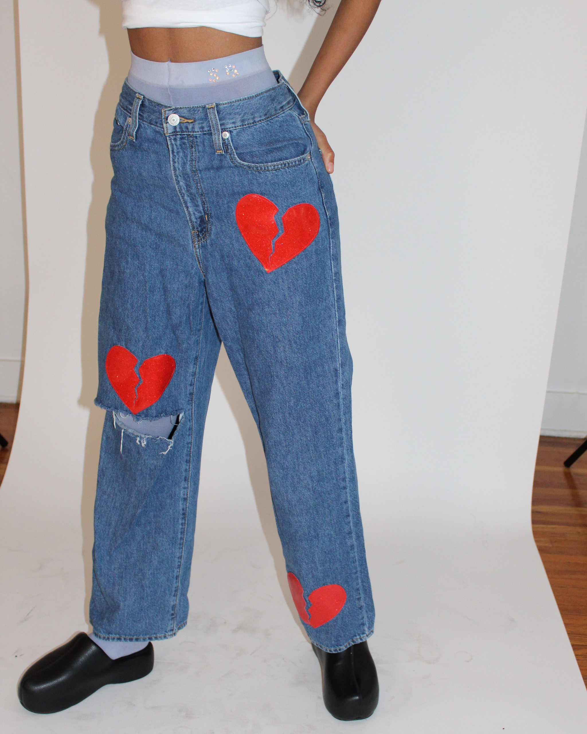 パンツ Andwang damaged heart key denim Denim Heart Patchwork Jeans
